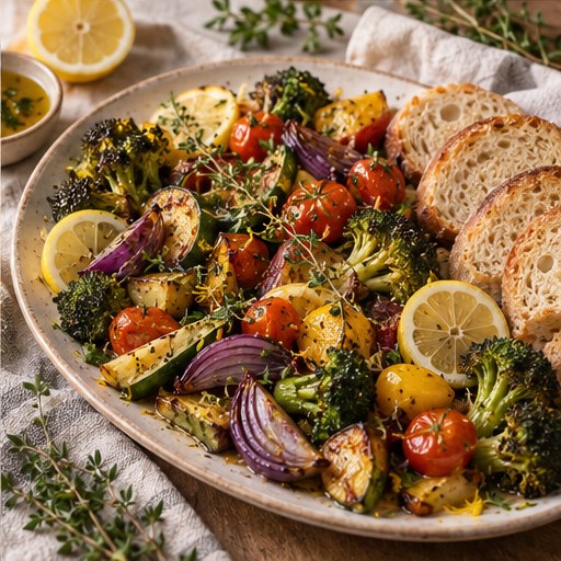 Platter of lemon herb roasted vegetables with crusty bread